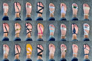 Collage of 24 barefoot sandals with different strap styles and colors shown from top view on feet
