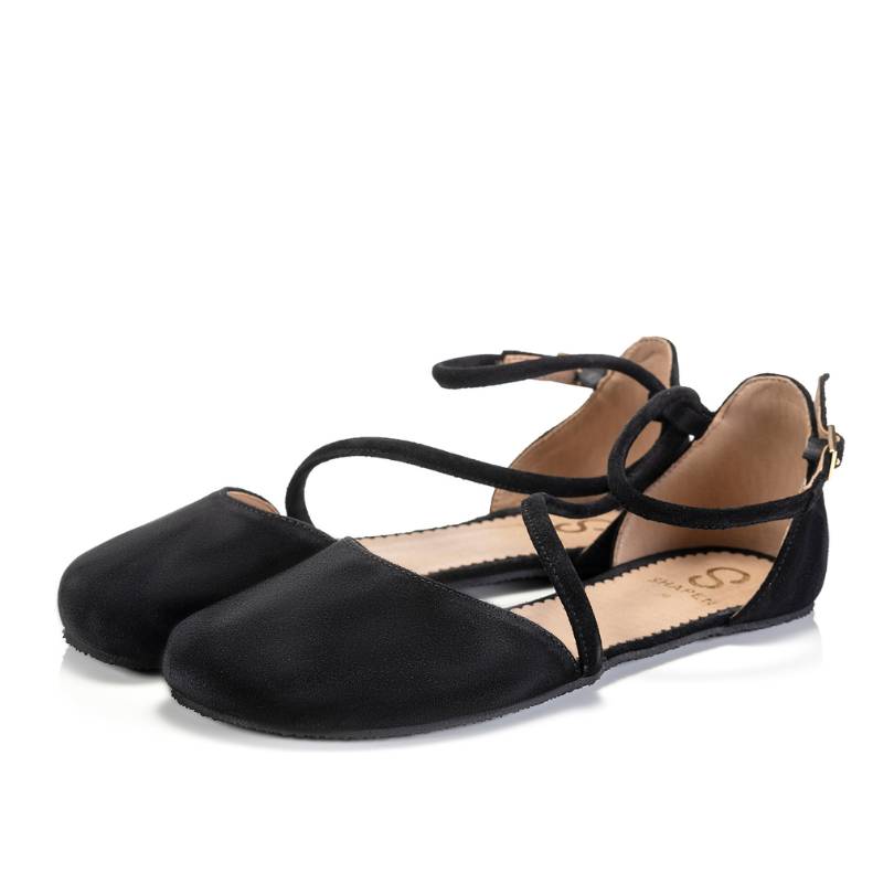 Shapen Orchid shop 1 Black ballet flats with ankle strap, studio background